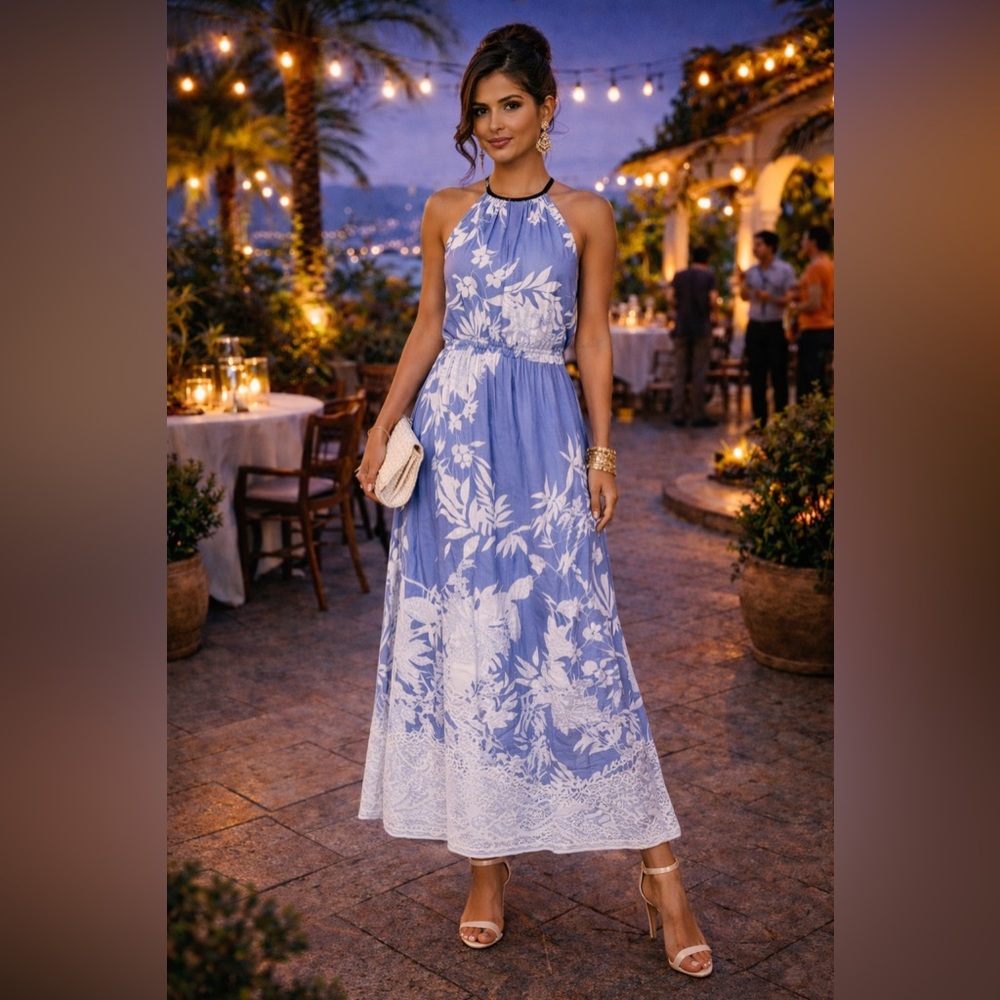 Tahari Blue White Floral Halter Maxi Dress Elastic Waist Fully Lined Size 8
